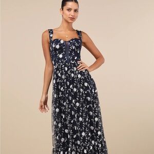 Lulu’s Gala Invite Navy Blue Embroidered Tulle Bustier Maxi Dress